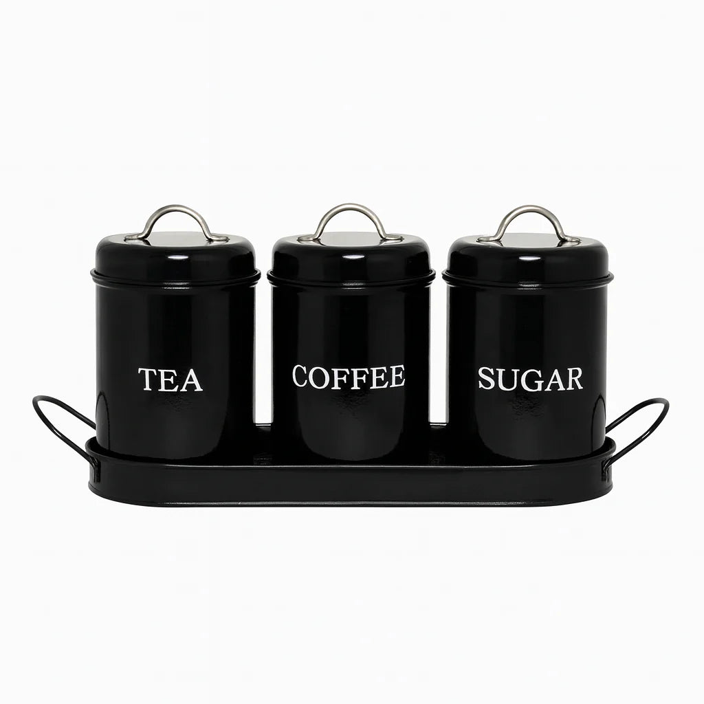 Vintage Retro Metal Jar Set With Tray